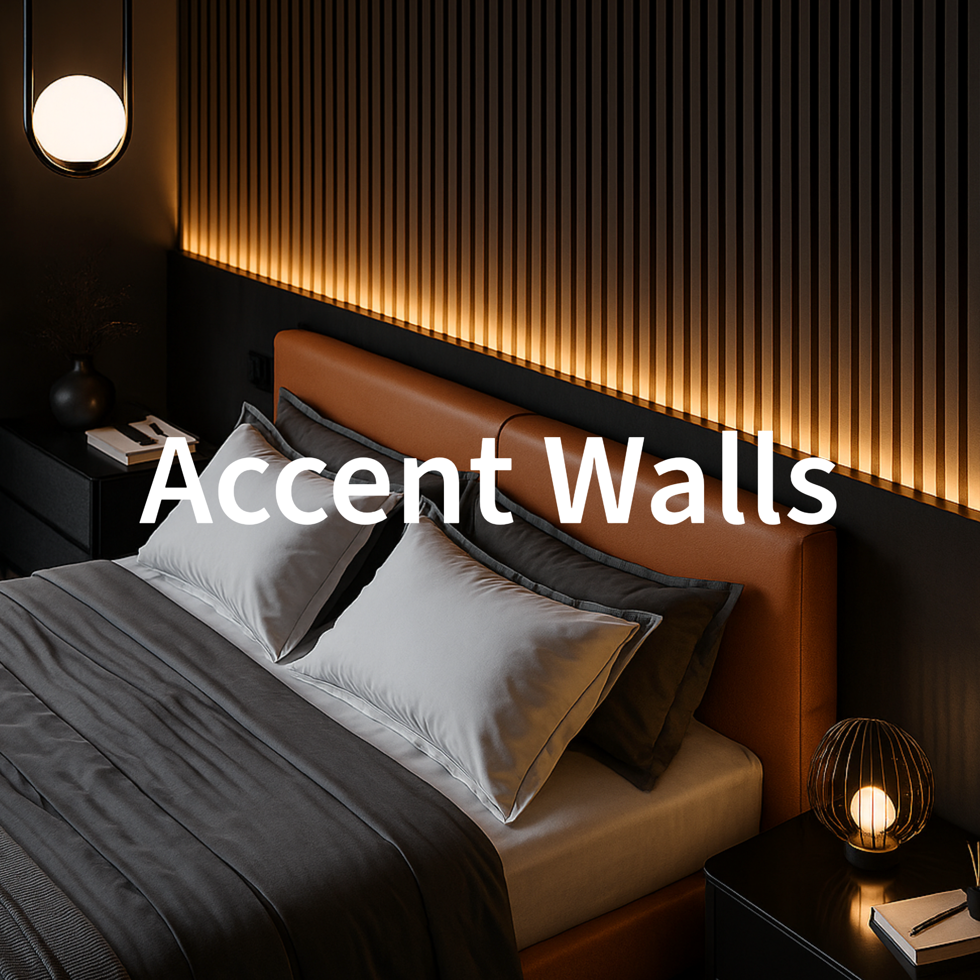 Fashionable bedroom with accent walls featuring vertical wood paneling and soft ambient lighting, modern bed with leather headboard, gray and white bedding, black side table with a decorative lamp, and minimal decor.