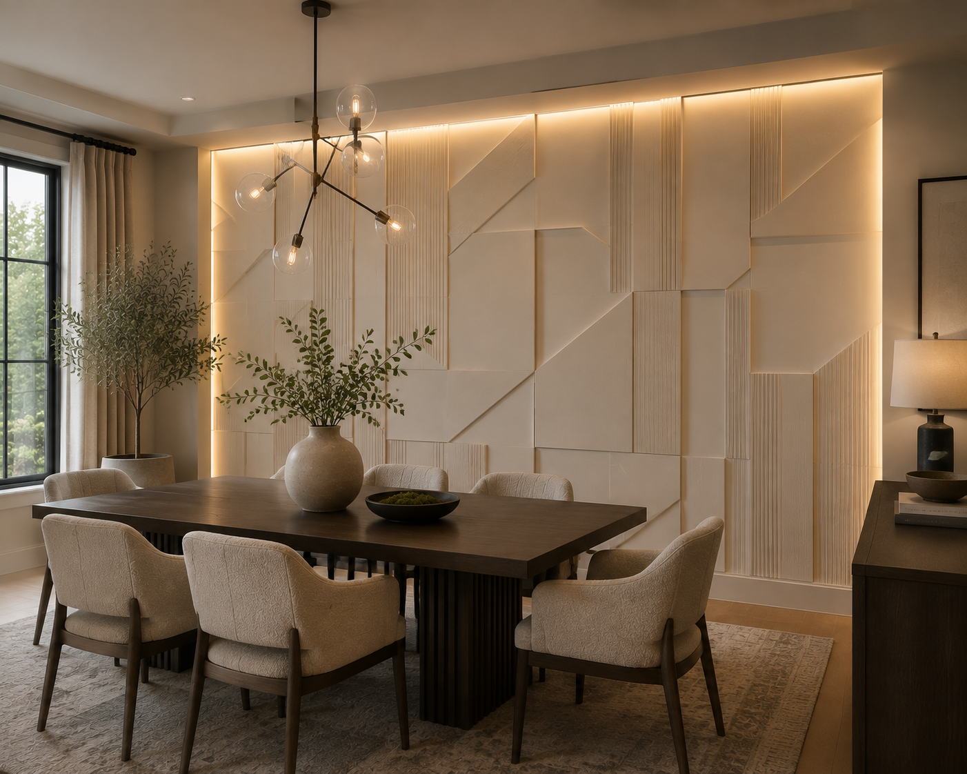 Dimensional decorative panel accent wall with integrated LED lighting in a modern Texas dining room