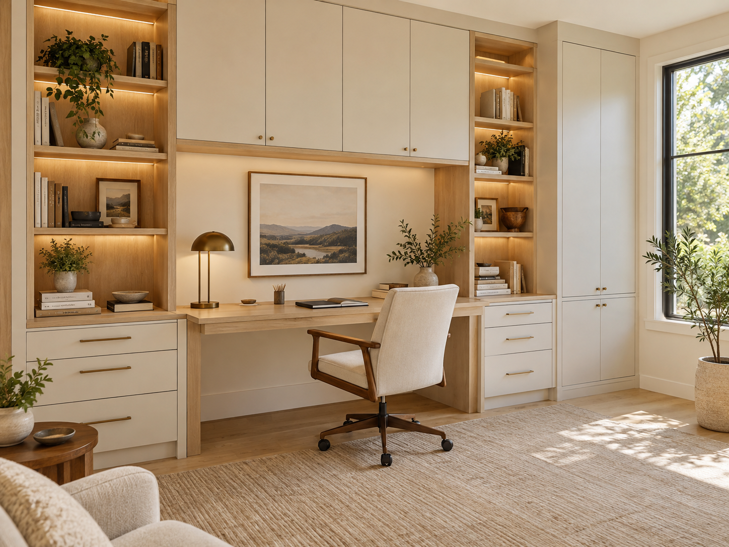 Home office with built-in wooden shelves and desk, white cabinetry, a beige office chair, potted plants, and a large window with sunlight.