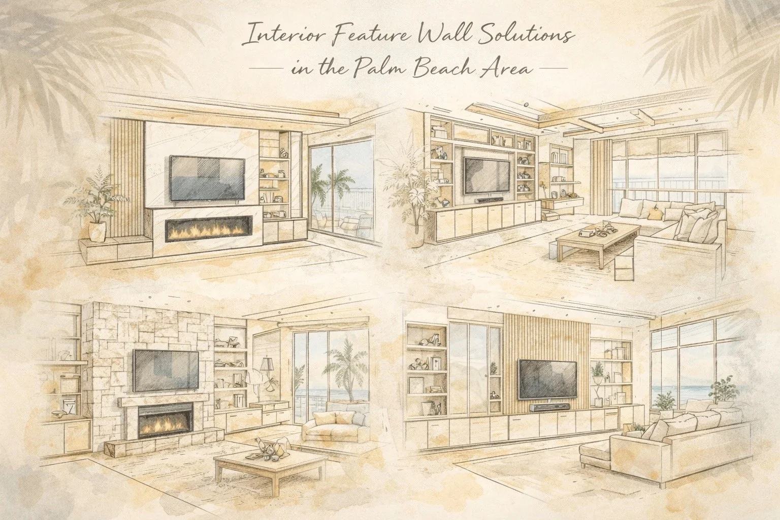 Sketch of four interior wall solutions for a Palm Beach area living room, including fireplace, built-in shelves, large windows, and stylish furniture.