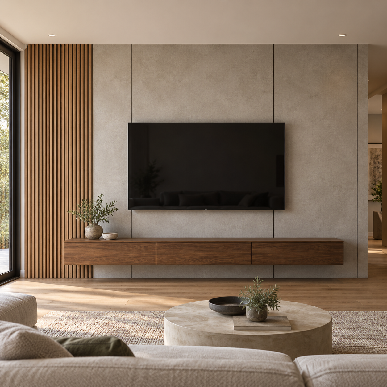 Living room with a mounted flat-screen TV, a wooden floating console, a beige sofa, round marble coffee table, and decorative plants.