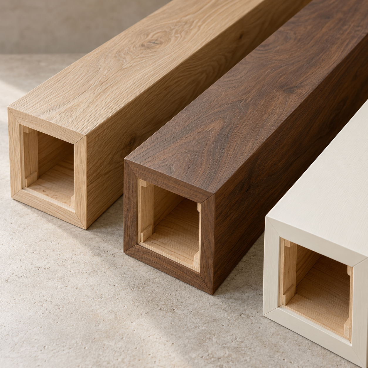 Three modern wooden side tables with square open storage, in light, dark, and white finishes, placed on a beige textured surface.