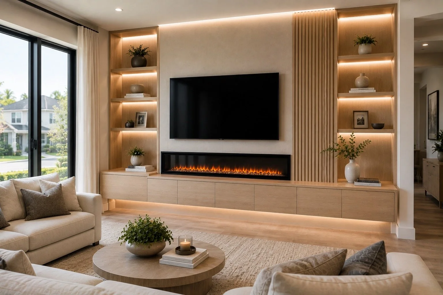 Modern Charlotte media wall with fireplace, floating cabinets, and built-in shelving