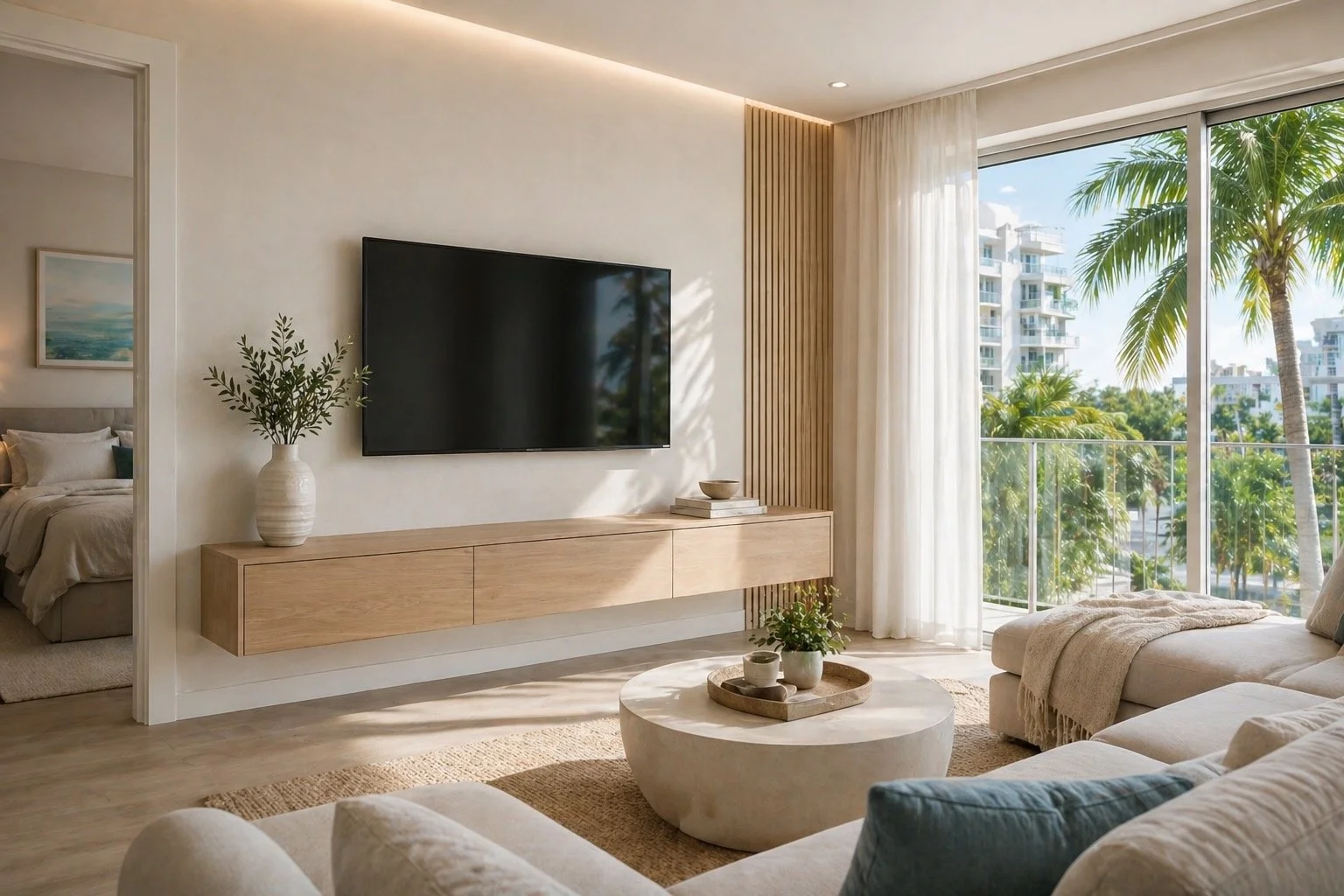 Small media wall in Florida apartment with floating cabinet and wall mounted TV