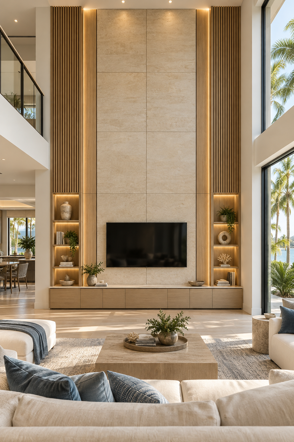 Modern living room with a large beige wall-mounted TV, built-in wooden shelves with decor, and large windows showing palm trees outside.