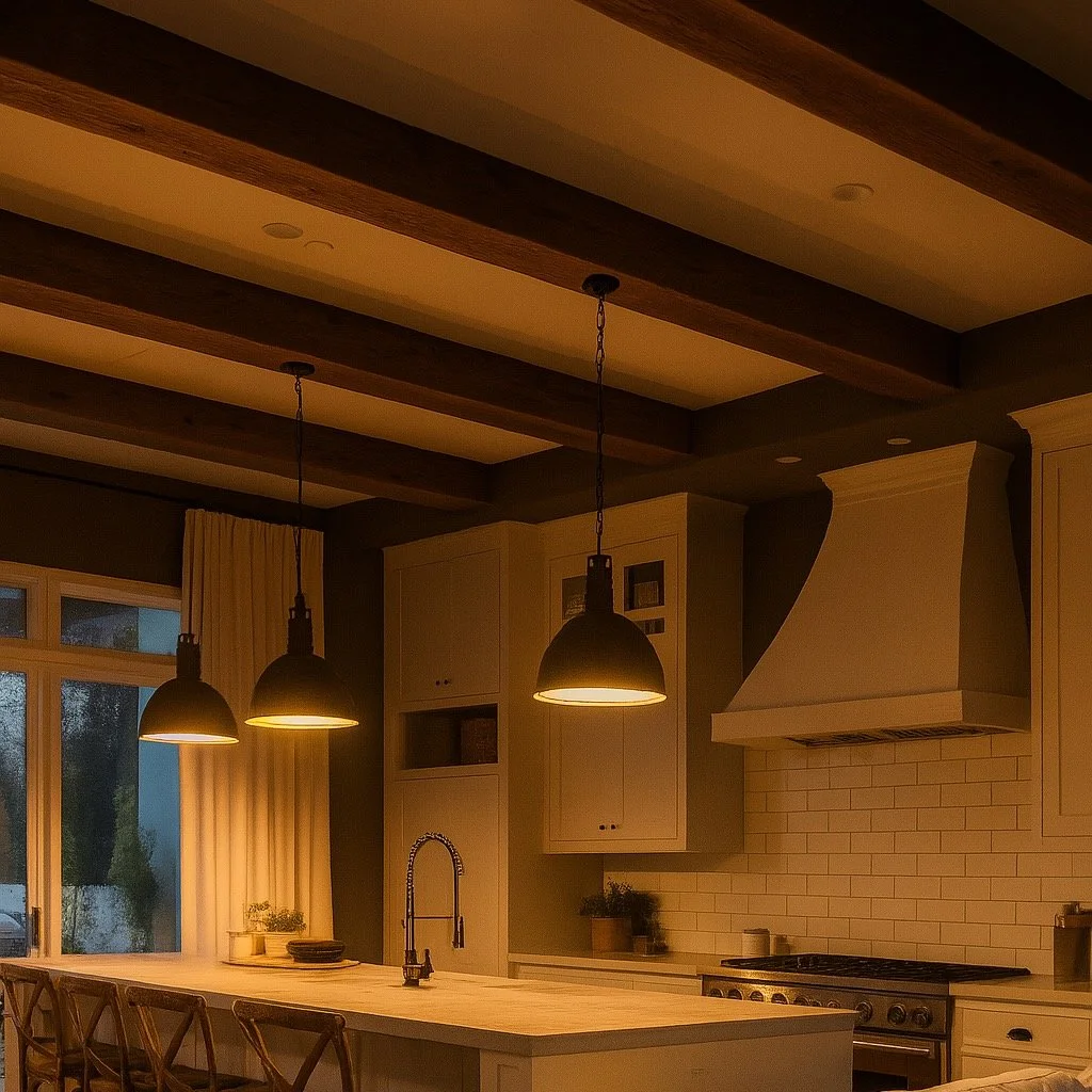 Evening kitchen interior with warm pendant lighting and dark wood ceiling beams over a central island and white cabinetry.