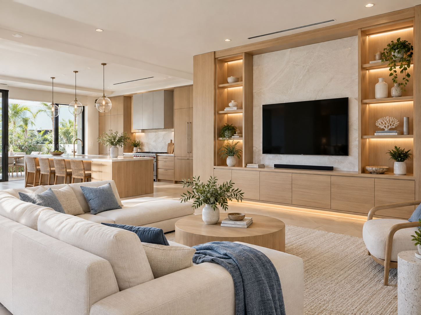Open-concept living room with beige sofa, round wooden coffee table, and built-in wooden entertainment center with TV and decorative objects, adjacent to a modern kitchen with island and seating, bright with natural light.