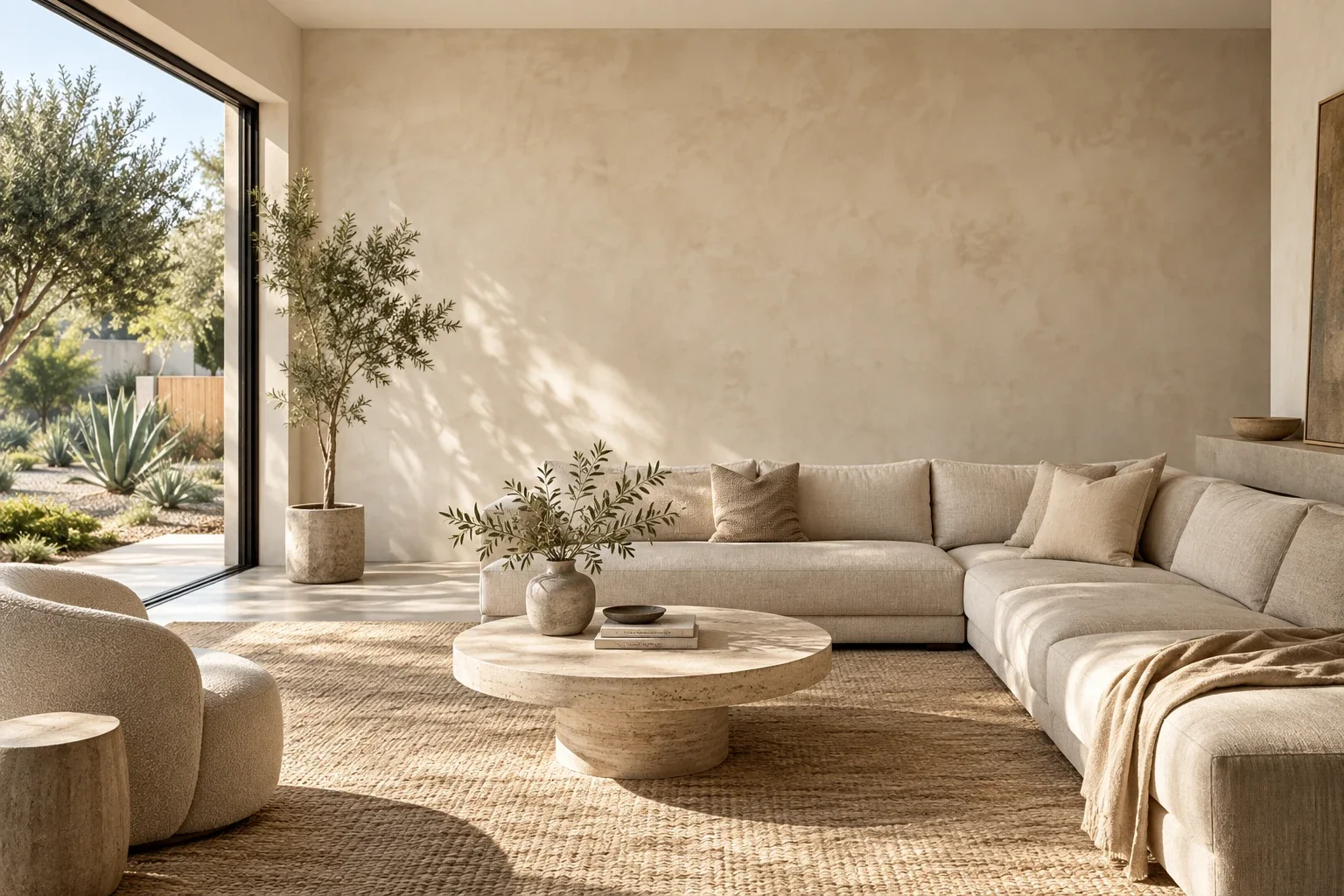 Warm ivory limewash accent wall behind a linen sectional in a sunlit living room overlooking a garden.