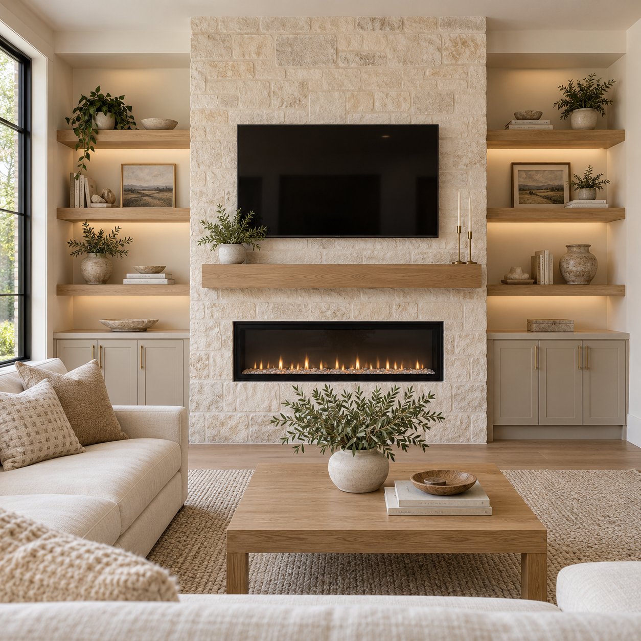 Living room with a beige sofa, a wooden coffee table with a plant, a modern fireplace, and built-in shelves with decor and books.