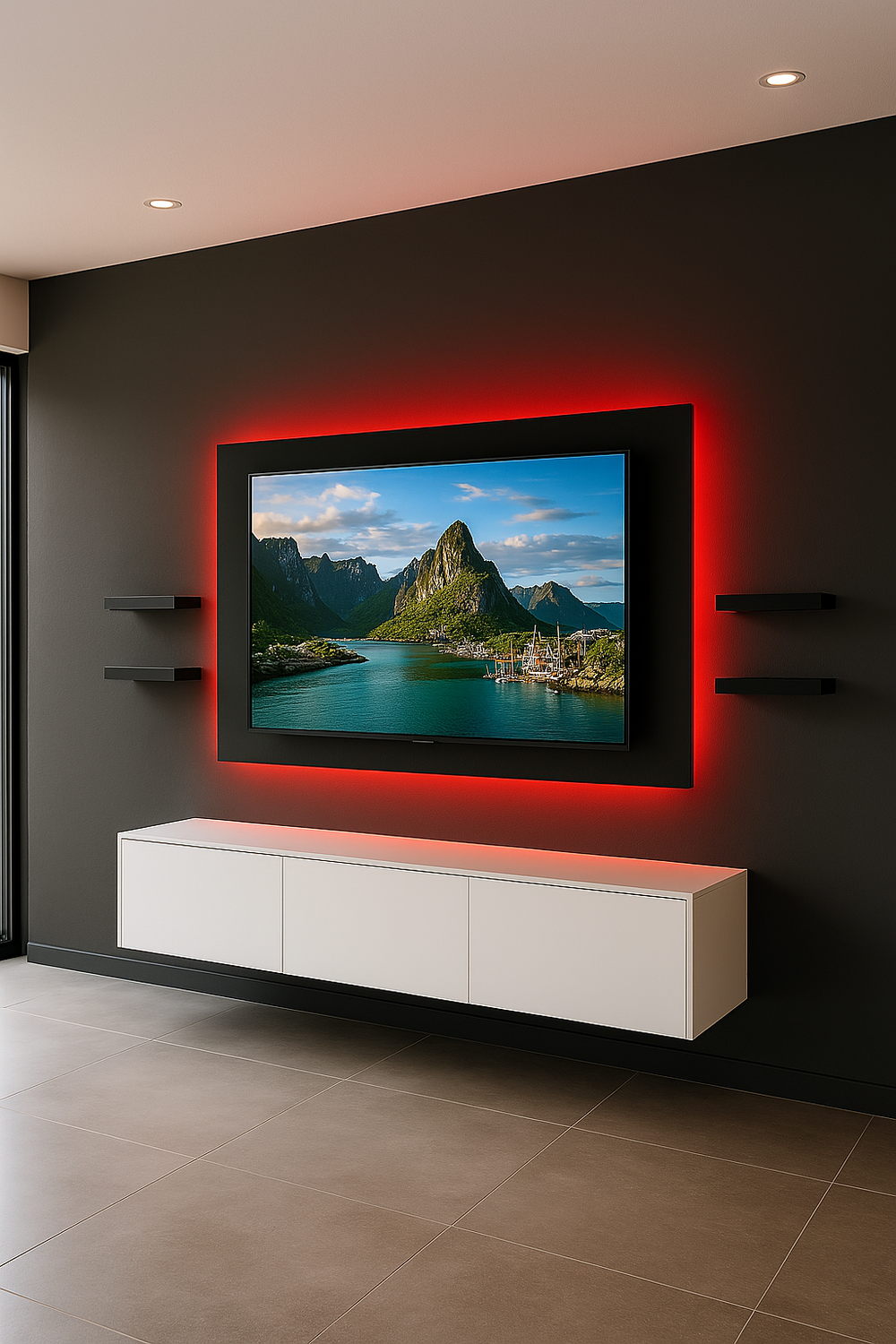 TV mounted on a black media panel with red LED backlight and floating white cabinet