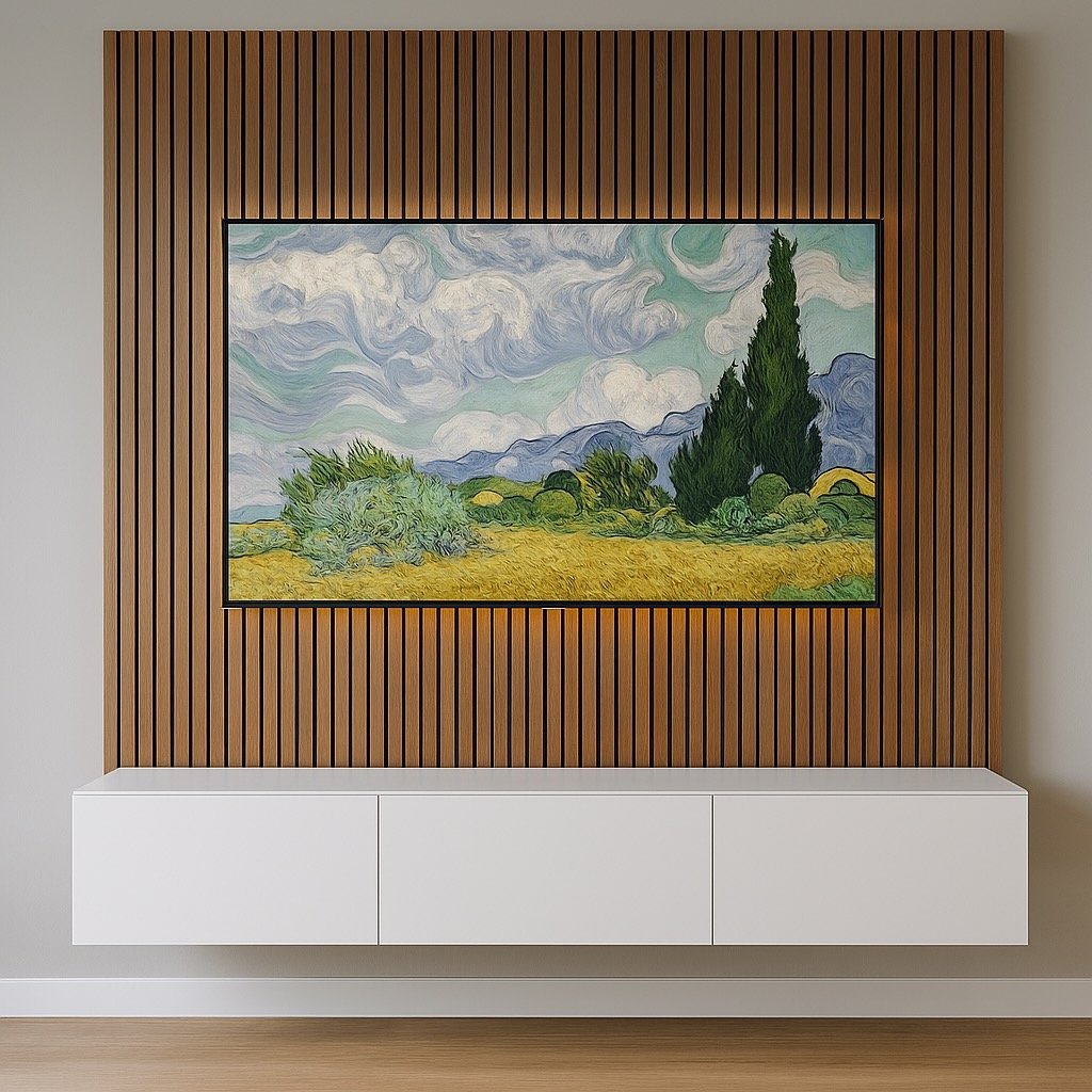 TV mounted on vertical wooden slats with floating white storage cabinet underneath