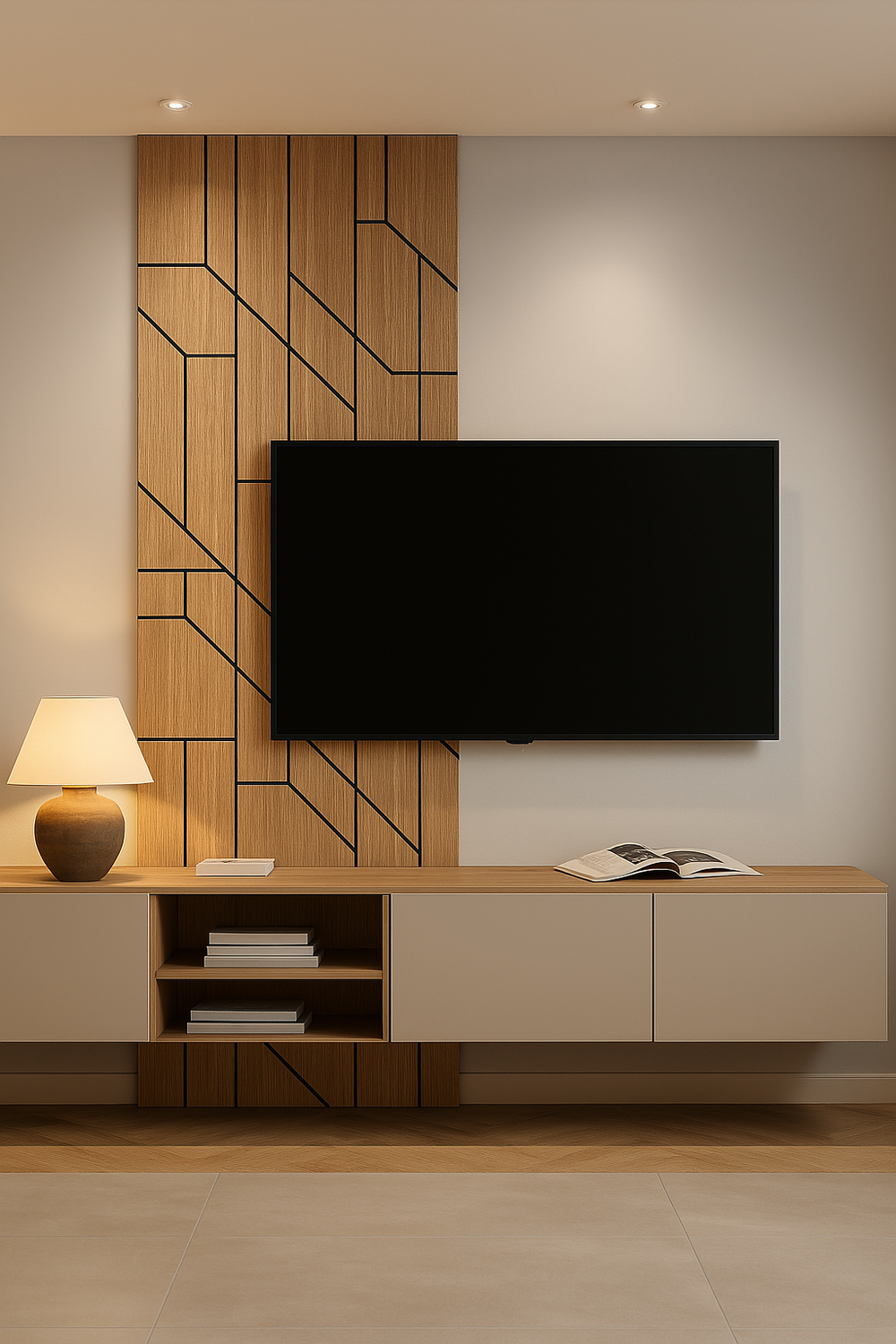 Modern wood panel media wall with asymmetrical geometric design, mounted TV, and side lamp