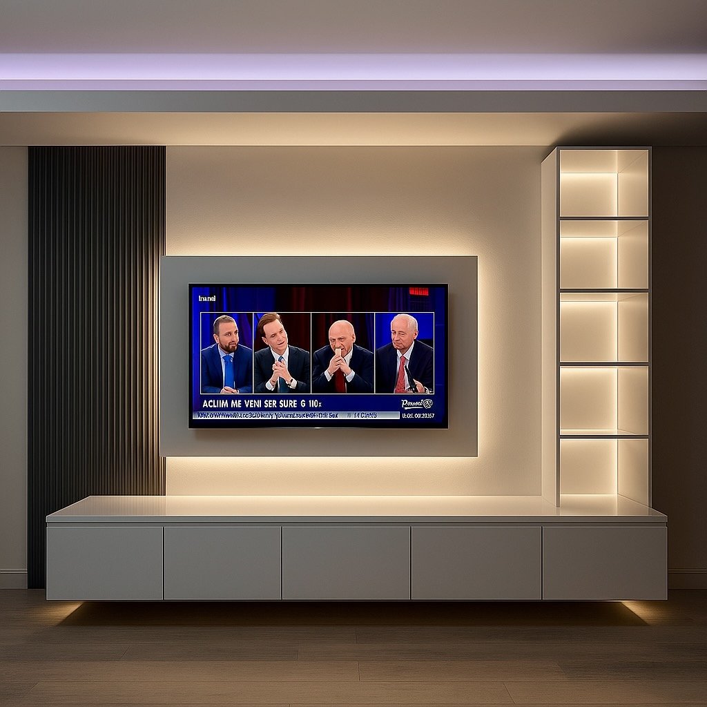 Slim TV media wall with floating cabinet, white finish, and integrated LED lighting