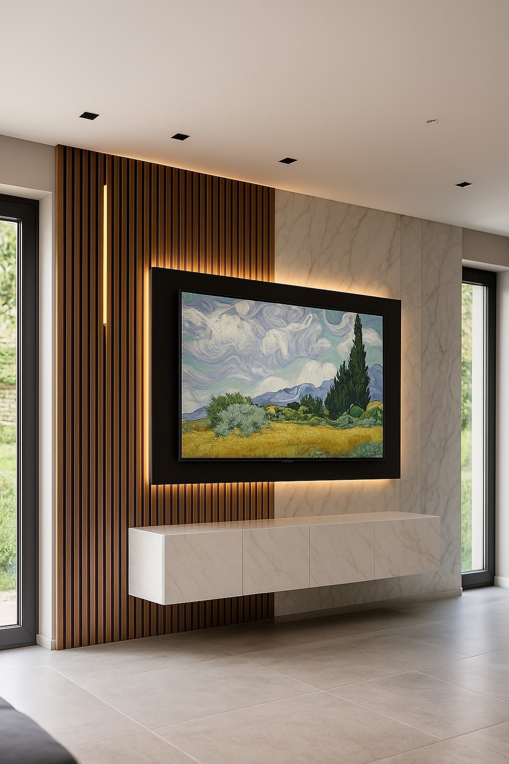 Luxury media wall with marble, wood slats, LED lighting, and a floating cabinet