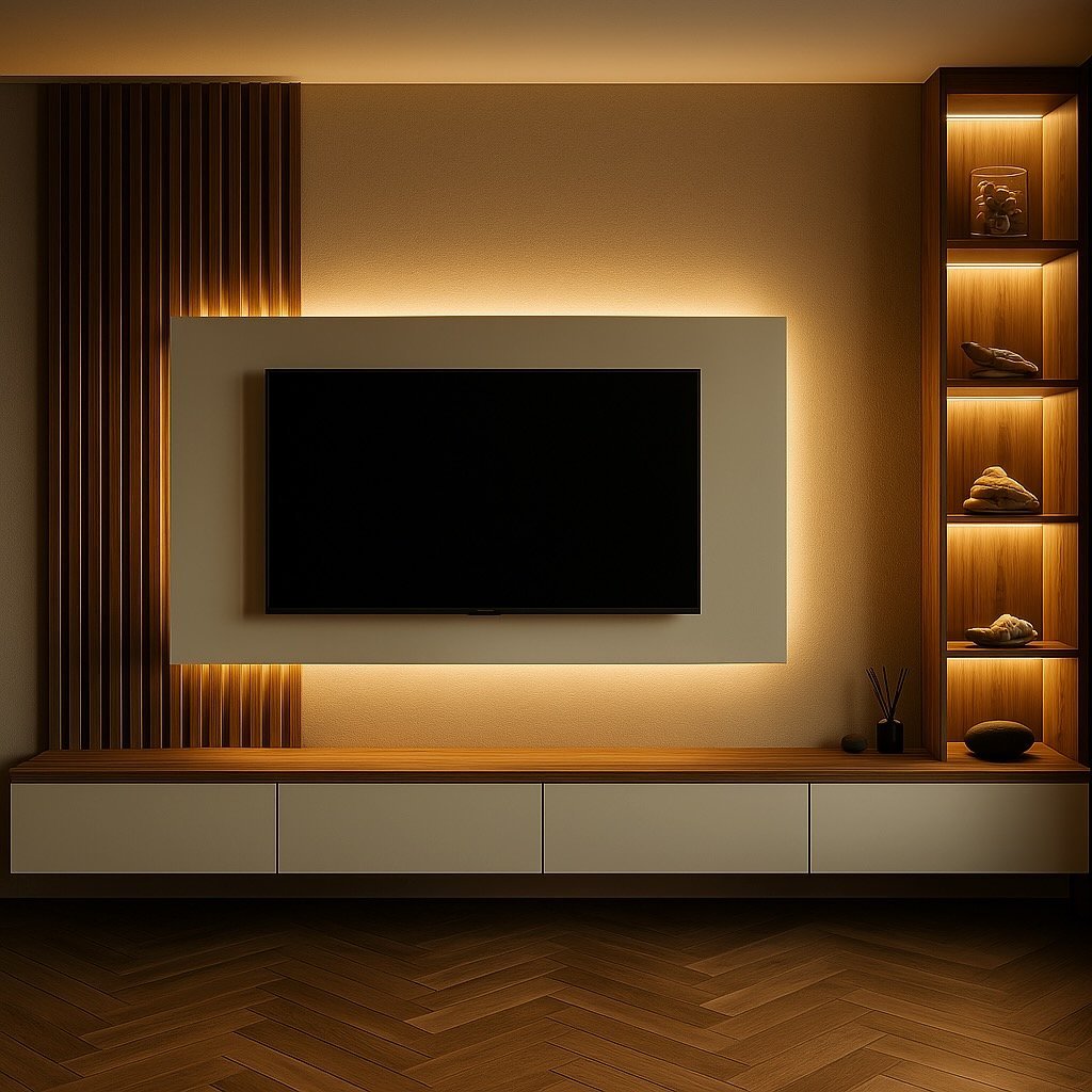 Contemporary media wall with floating panel, soft lighting, and illuminated open shelves