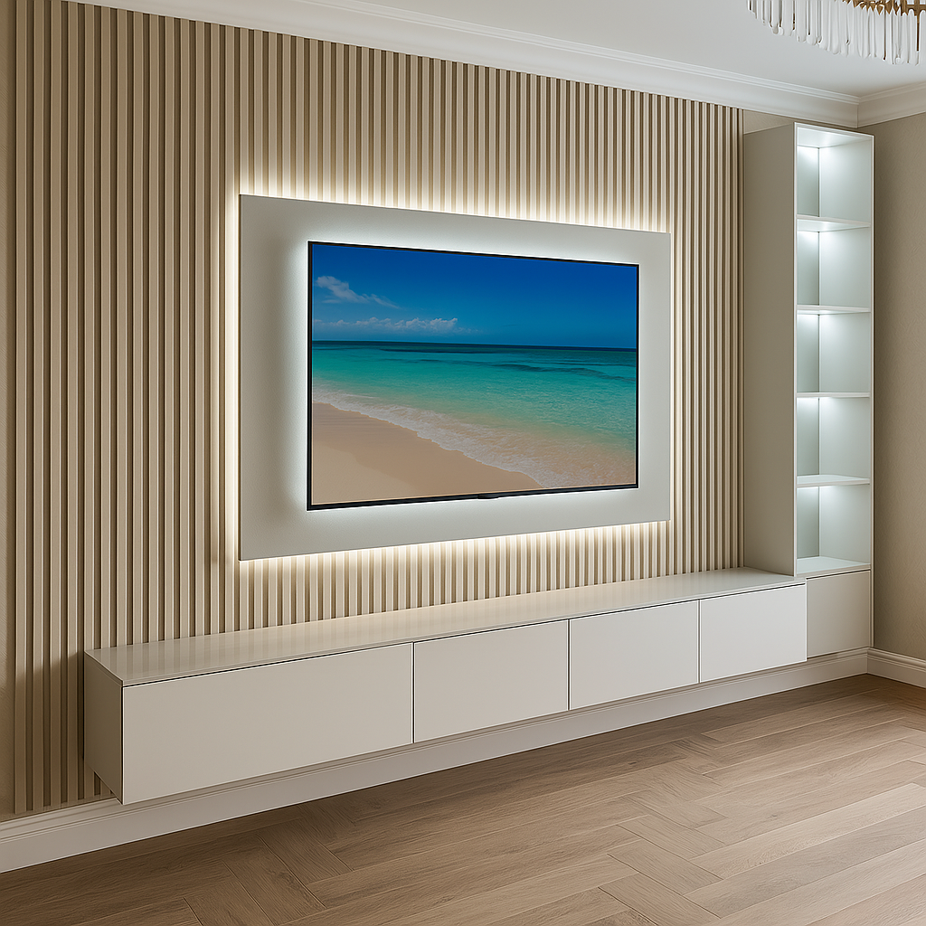White media wall with slim LED-lit panel, slatted wood backdrop, and wall-mounted cabinet