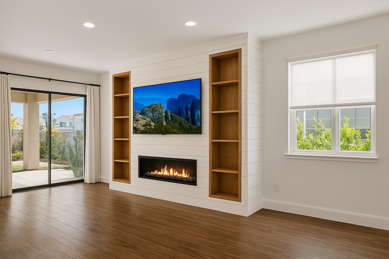 TV media wall with white shiplap finish, fireplace, and symmetrical wood bookcases