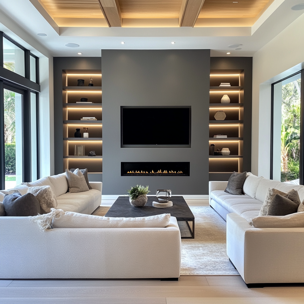 Sophisticated fireplace wall with floating shelves and built-in LED-lit niches