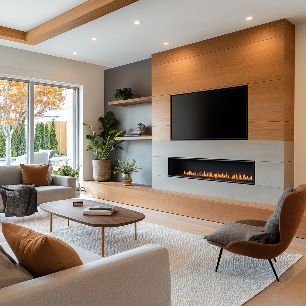 Custom media wall with large wood panels and concrete-style fireplace