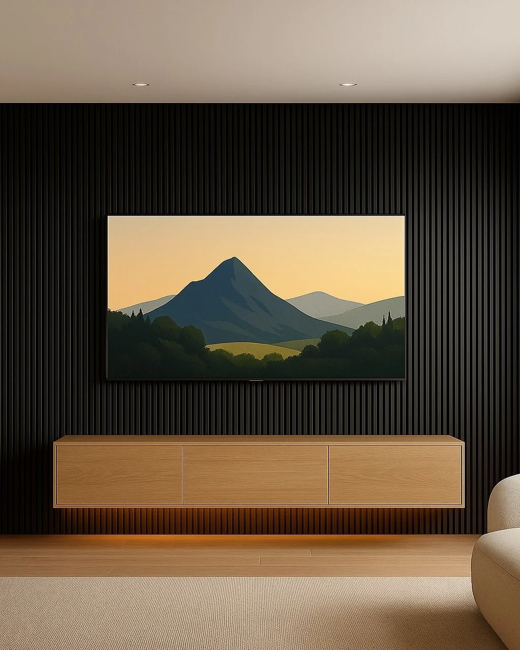 Black Fluted Media Wall with Floating Cabinet