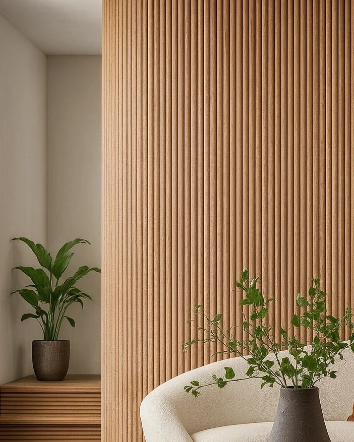 Natural Oak Fluted Accent Wall in Living Room