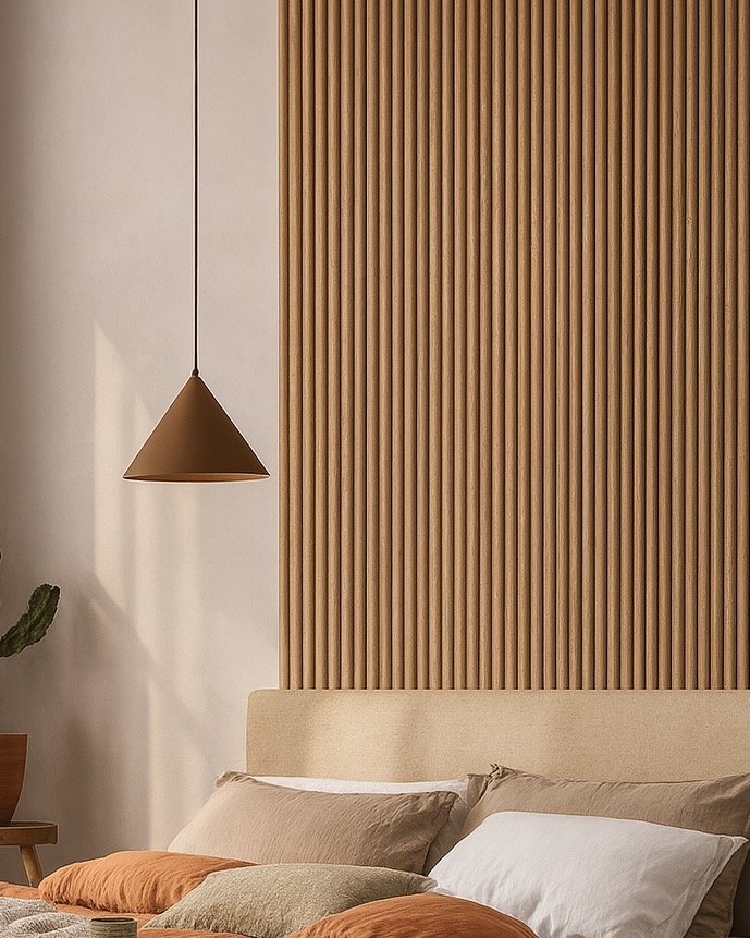 Flexible Oak Slats as a Bedroom Headboard Accent