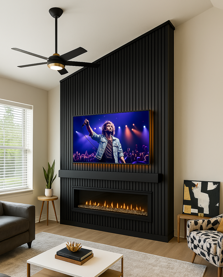Full Black Slatted Fireplace Wall