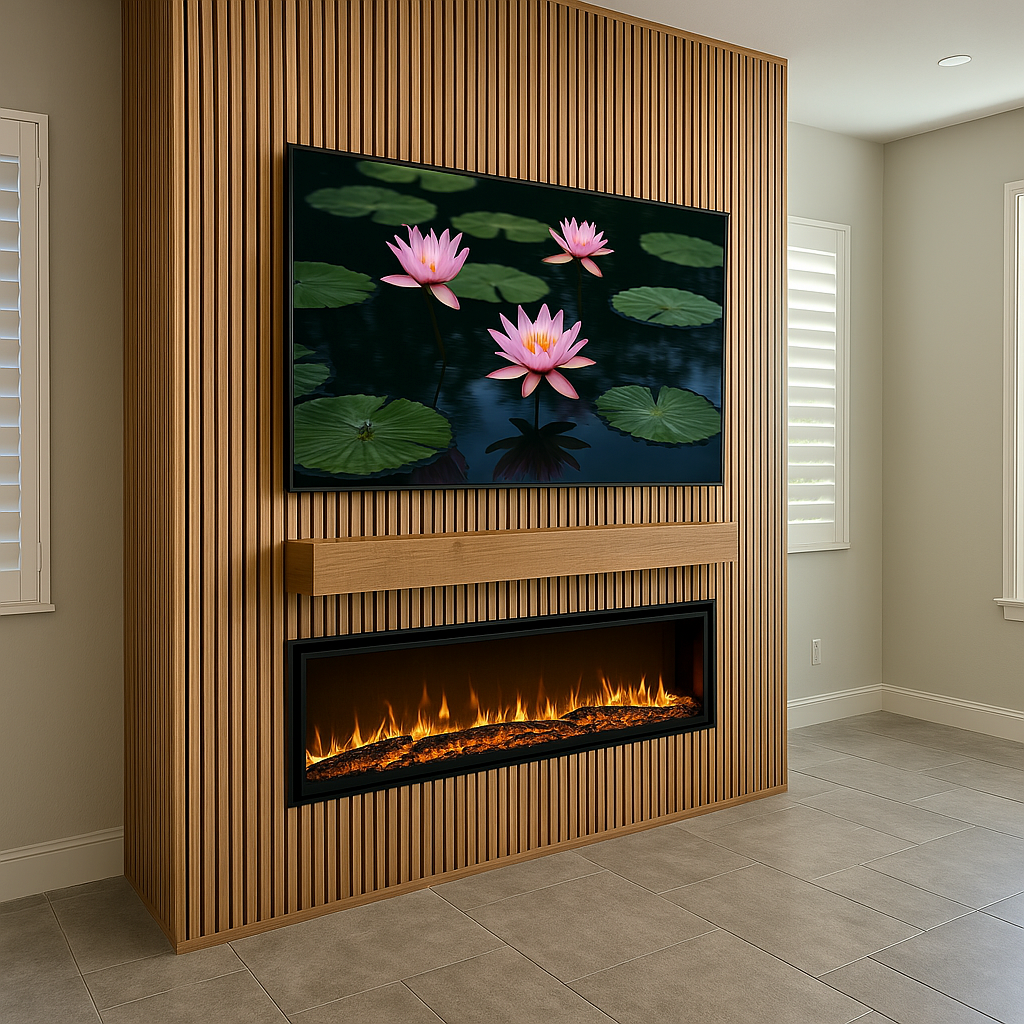 Vertical Oak Slat Fireplace Wall