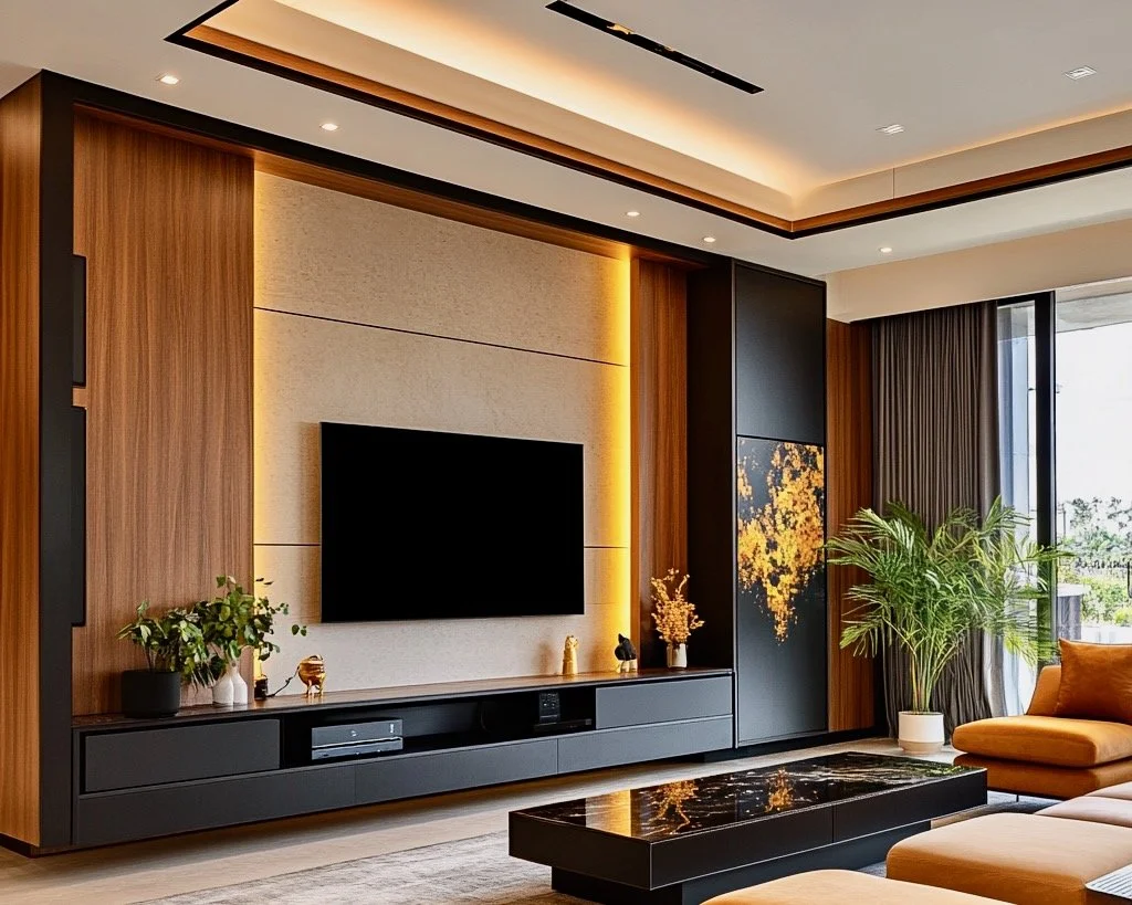 Contemporary TV Wall with Warm Wood Accents