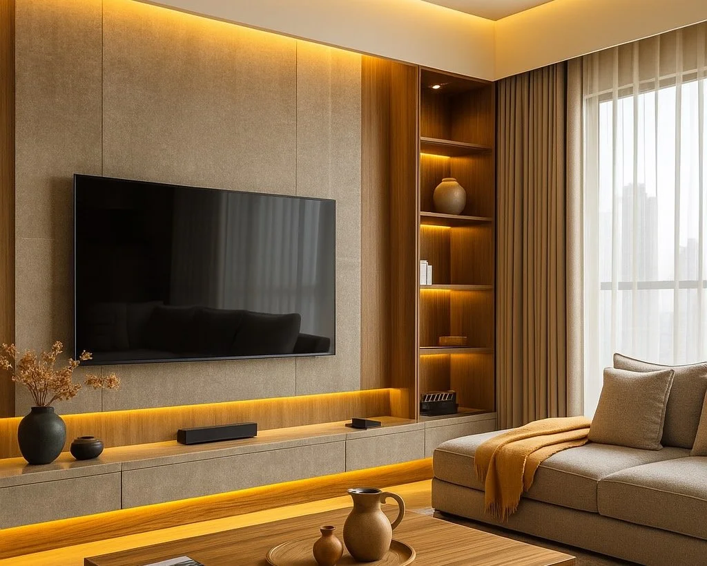 Warm Minimalist Media Wall with Shelving
