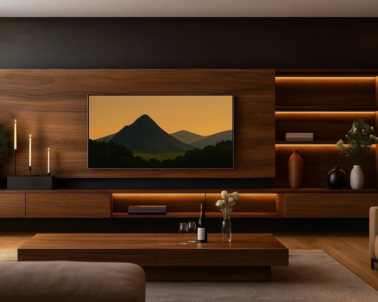 Sleek Walnut Panel TV Wall with Backlit Shelving