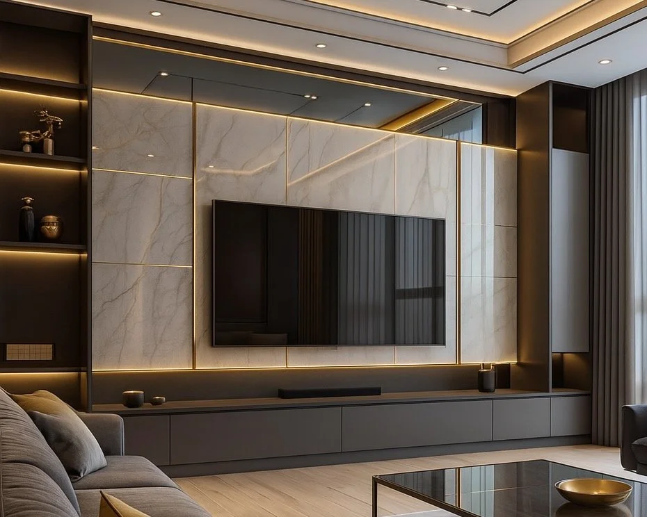 Modern Marble Panel TV Wall with Gold Accents