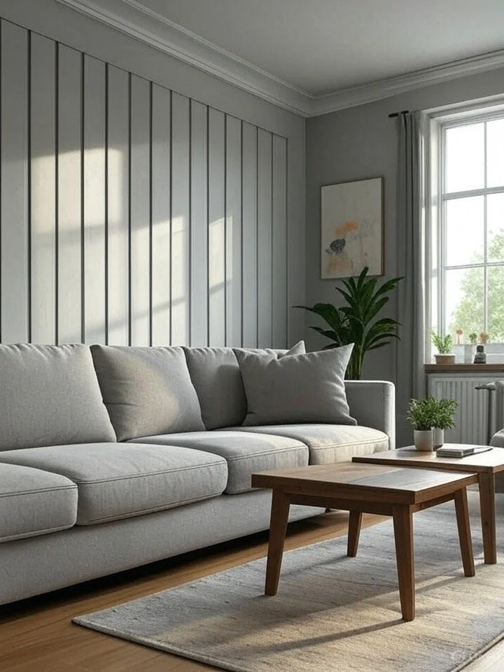 Vertical board and batten accent wall in a light gray living room with minimalist furniture