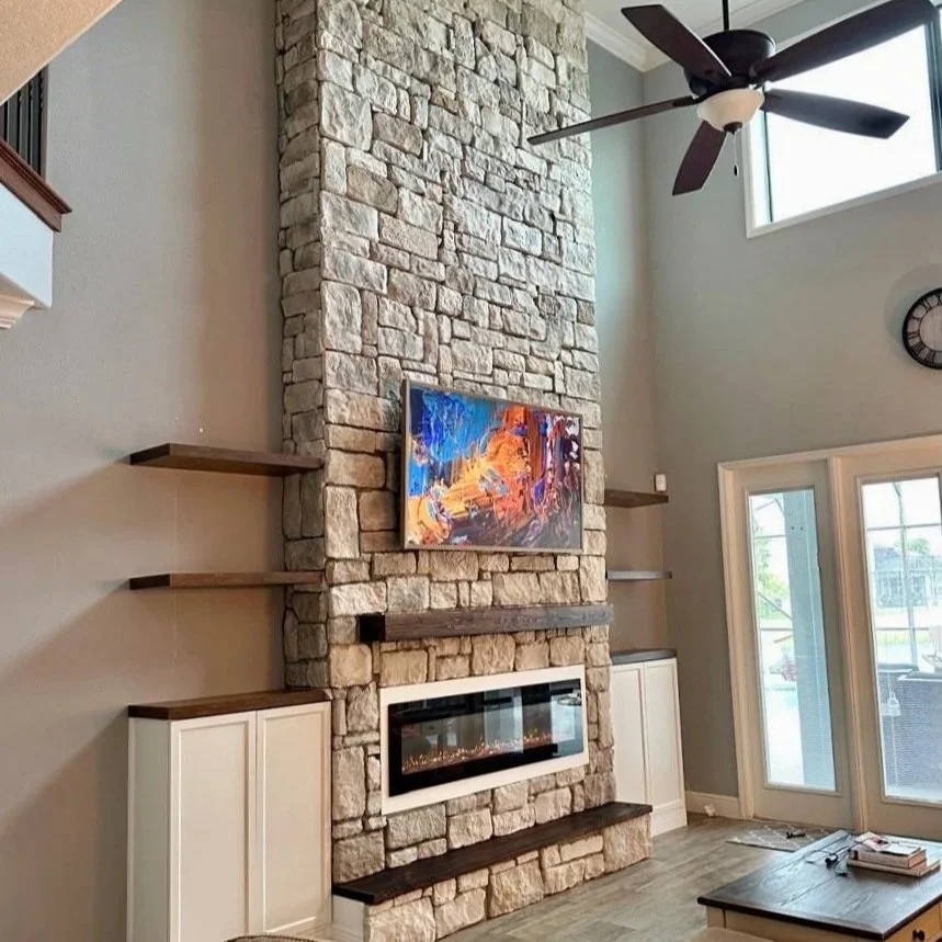 Stone Fireplace Media Wall Build-Out with Wood Accents – Melbourne, Florida