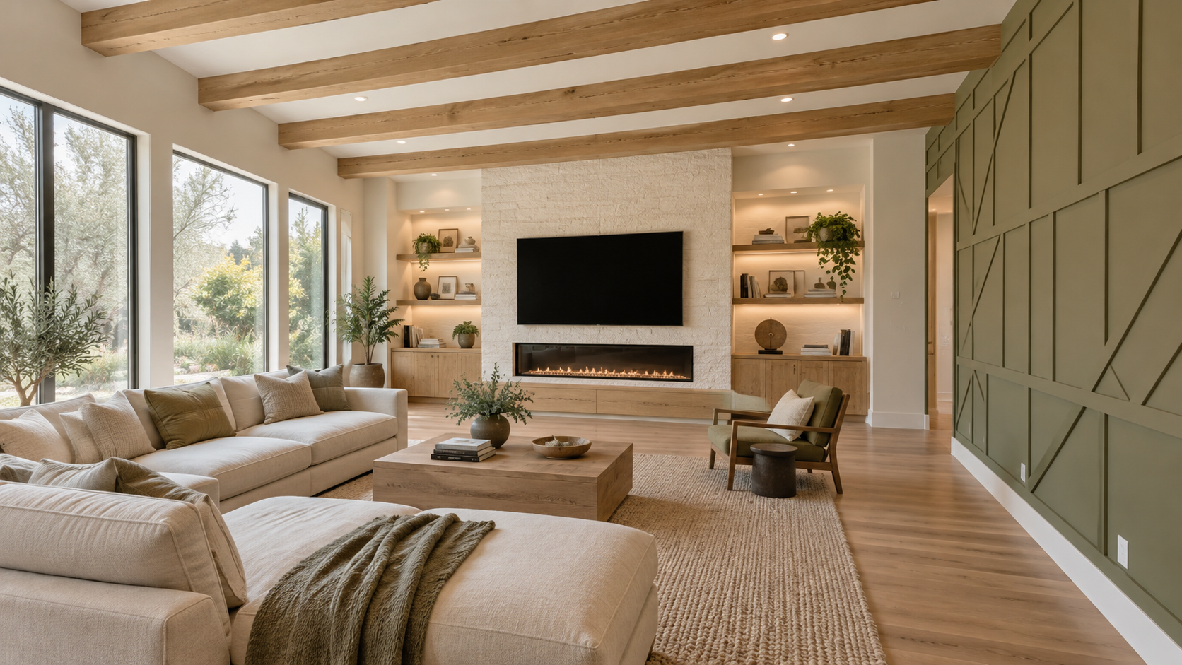 Living room with large sofa, armchair, wooden coffee table, electric fireplace, wall-mounted TV, built-in shelves with decor, large windows with trees outside, and wooden ceiling beams.
