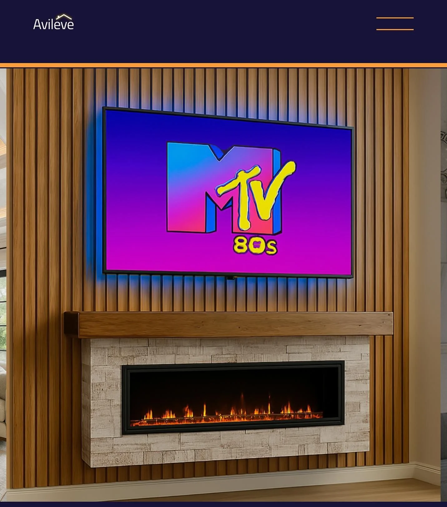 A space-saving media wall design with vertical wood slats, TV mount, and sleek electric fireplace bump-out. | Avileve.com Denver CO, Orlando Tampa Florida, Chicago Illinois