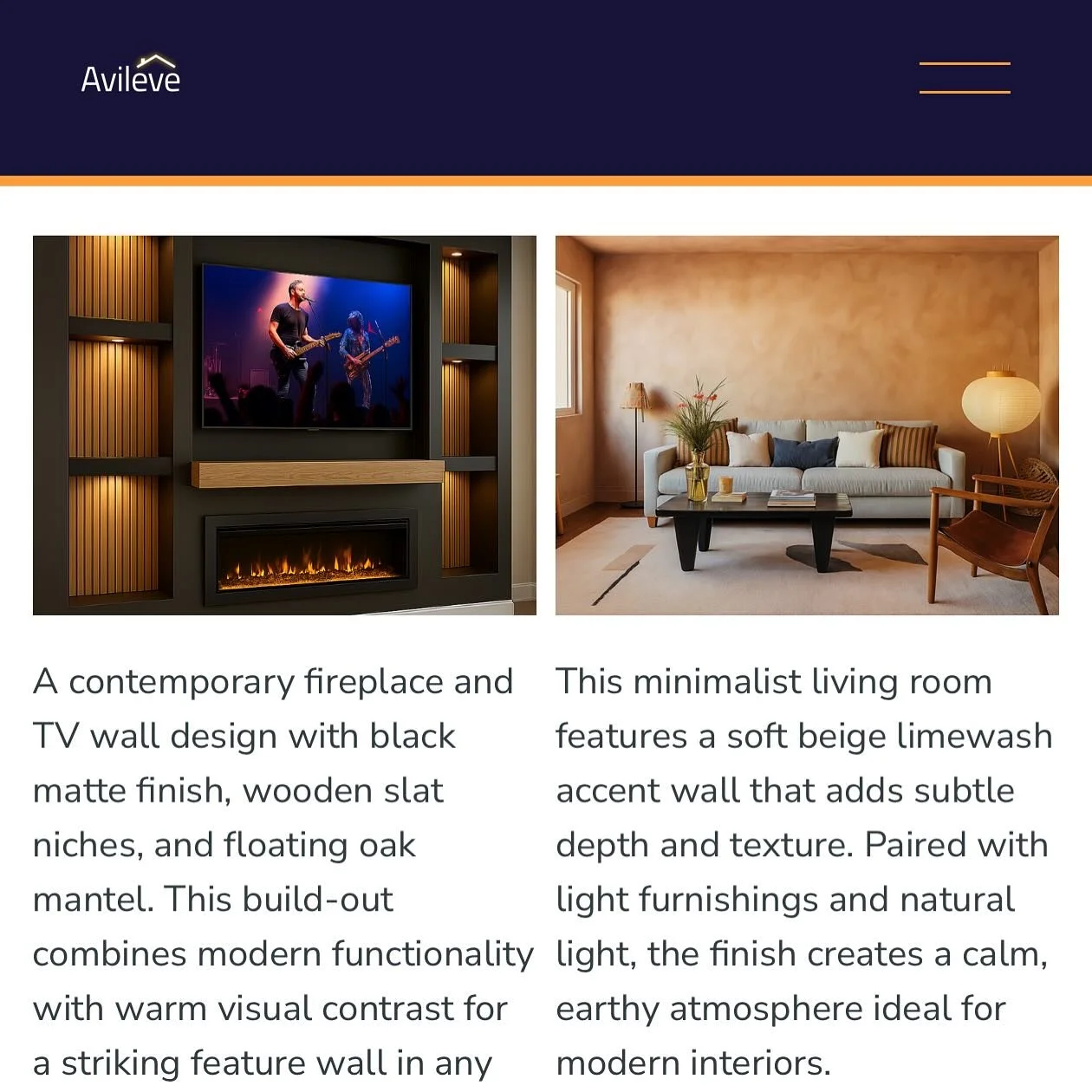 A contemporary fireplace and TV wall design with black matte finish, wooden slat niches, and floating oak mantel. This build-out combines modern functionality with warm visual contrast for a striking feature wall in any living room. | Avileve.com