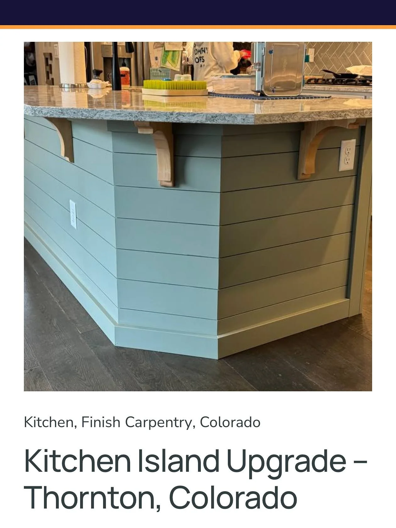 Kitchen island upgrade in Thornton, Colorado. Outdated blue panels were replaced with elegant shiplap, new custom wooden corbels, and professional Sherwin-Williams paint. A modern redesign that highlights the heart of the home. Request a quote &gt; w