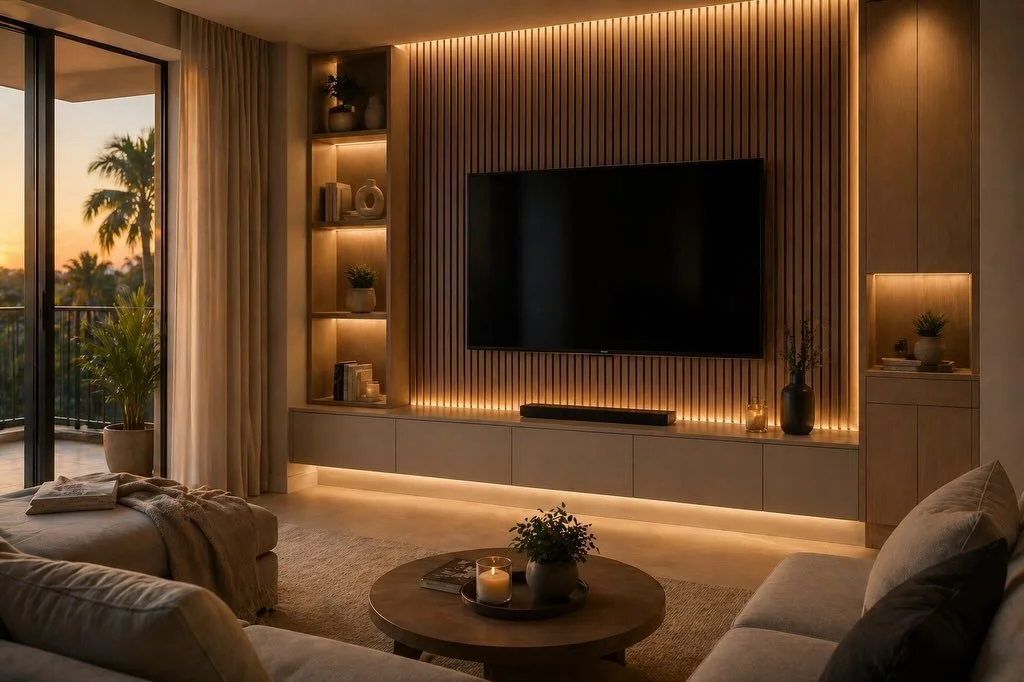 Media Wall Ideas for Small Living Rooms in Florida
Small living rooms are common in Florida condos, townhomes, and compact houses. Limited space creates a challenge: you need storage, a TV area, and a clean design without making the room feel crowded