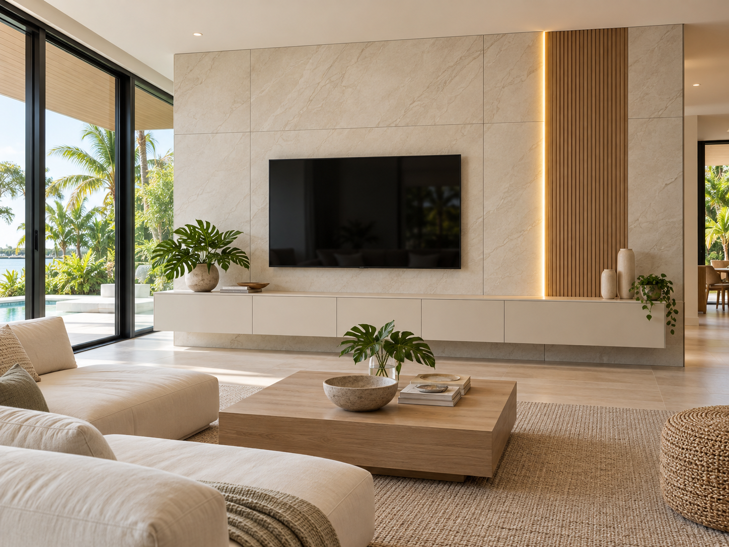Modern living room with beige sofas, a wooden coffee table, indoor plants, a wall-mounted flat-screen TV, and large glass sliding doors looking out to a tropical outdoor area with greenery, pool, and water.