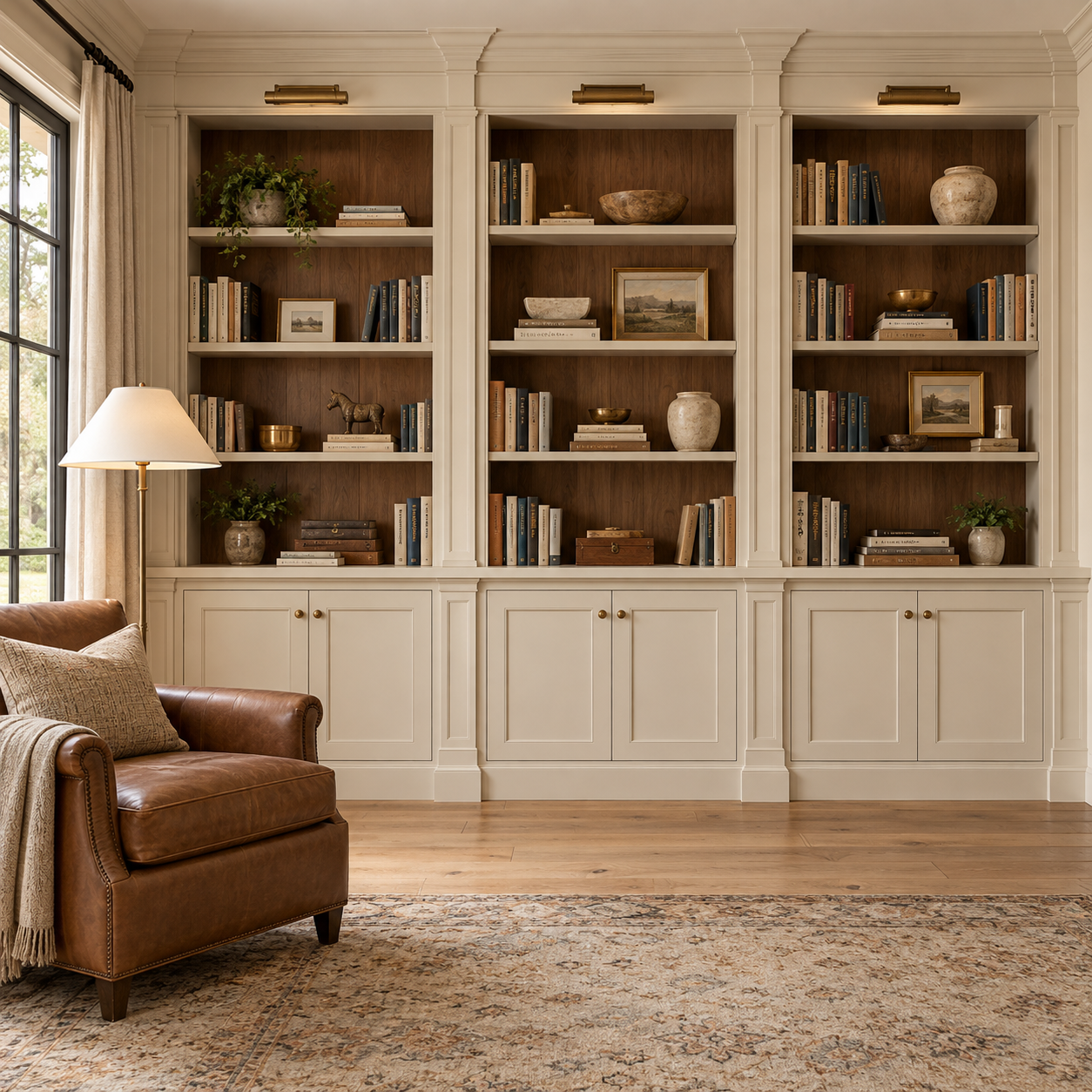 A living room with a built-in bookshelf filled with books, decorative items, and framed pictures. There's a leather armchair with a cushion, a side lamp, and a window with curtains on the left side of the room.
