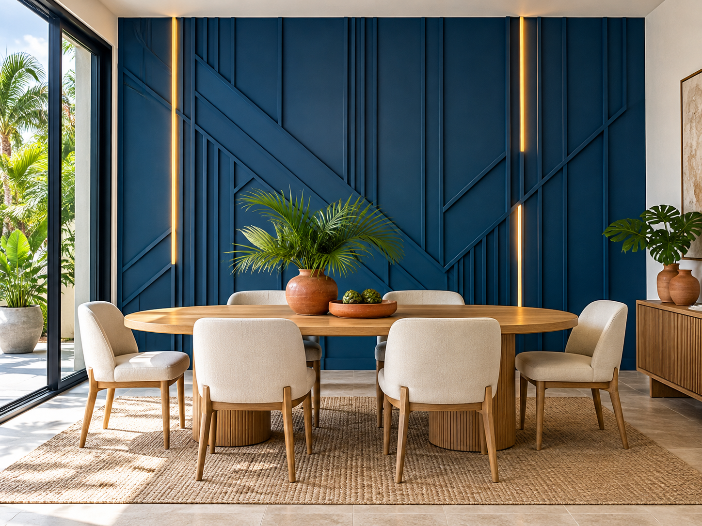 A dining room with a blue textured accent wall, a round wooden table, six beige upholstered chairs, two potted plants, a woven rug, and large sliding glass doors showing outdoor greenery.