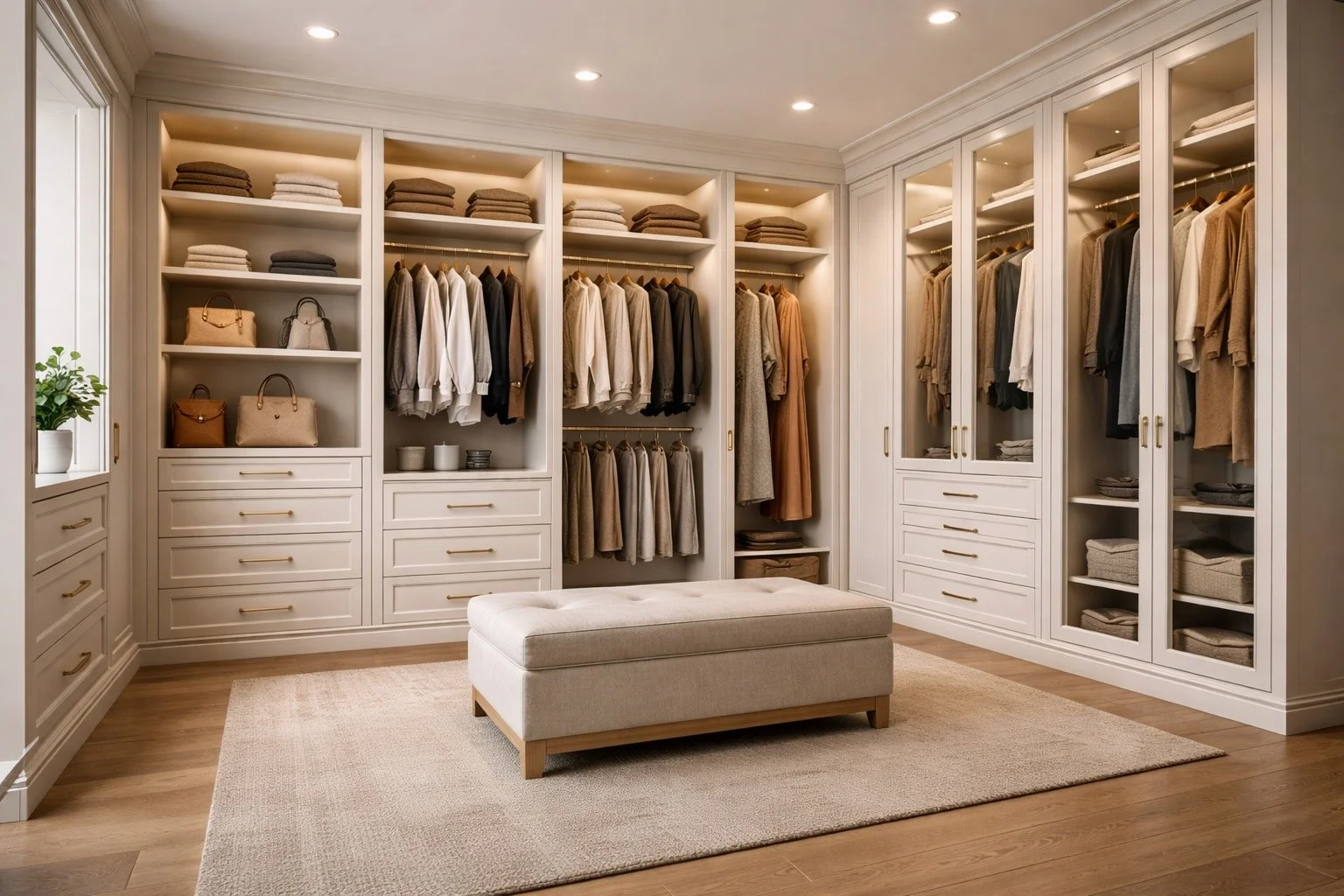 Luxury walk-in closet with built-in cabinets, shelves, drawers, and LED lighting