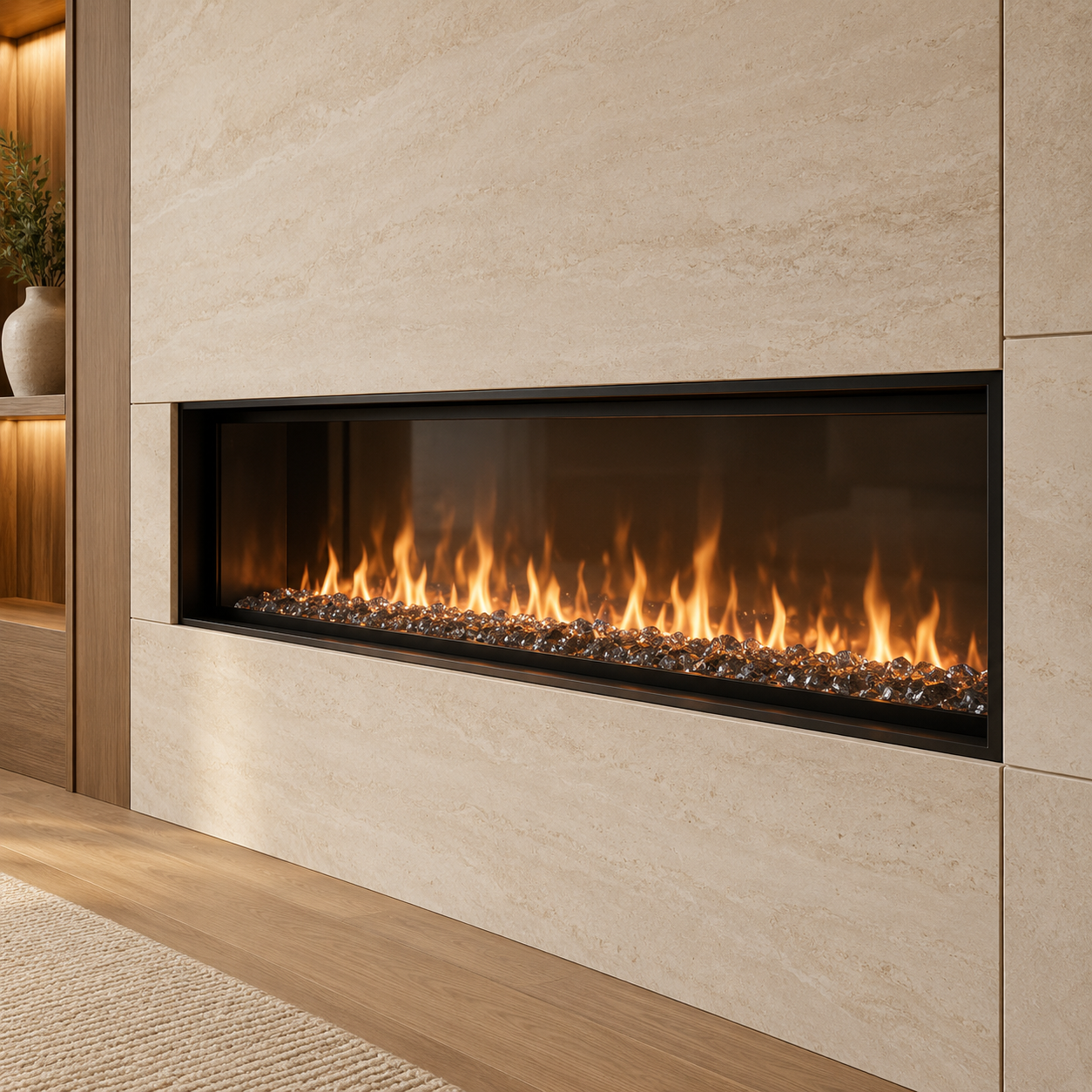 Modern built-in fireplace with orange flames and decorative black stones, set in a beige stone wall.