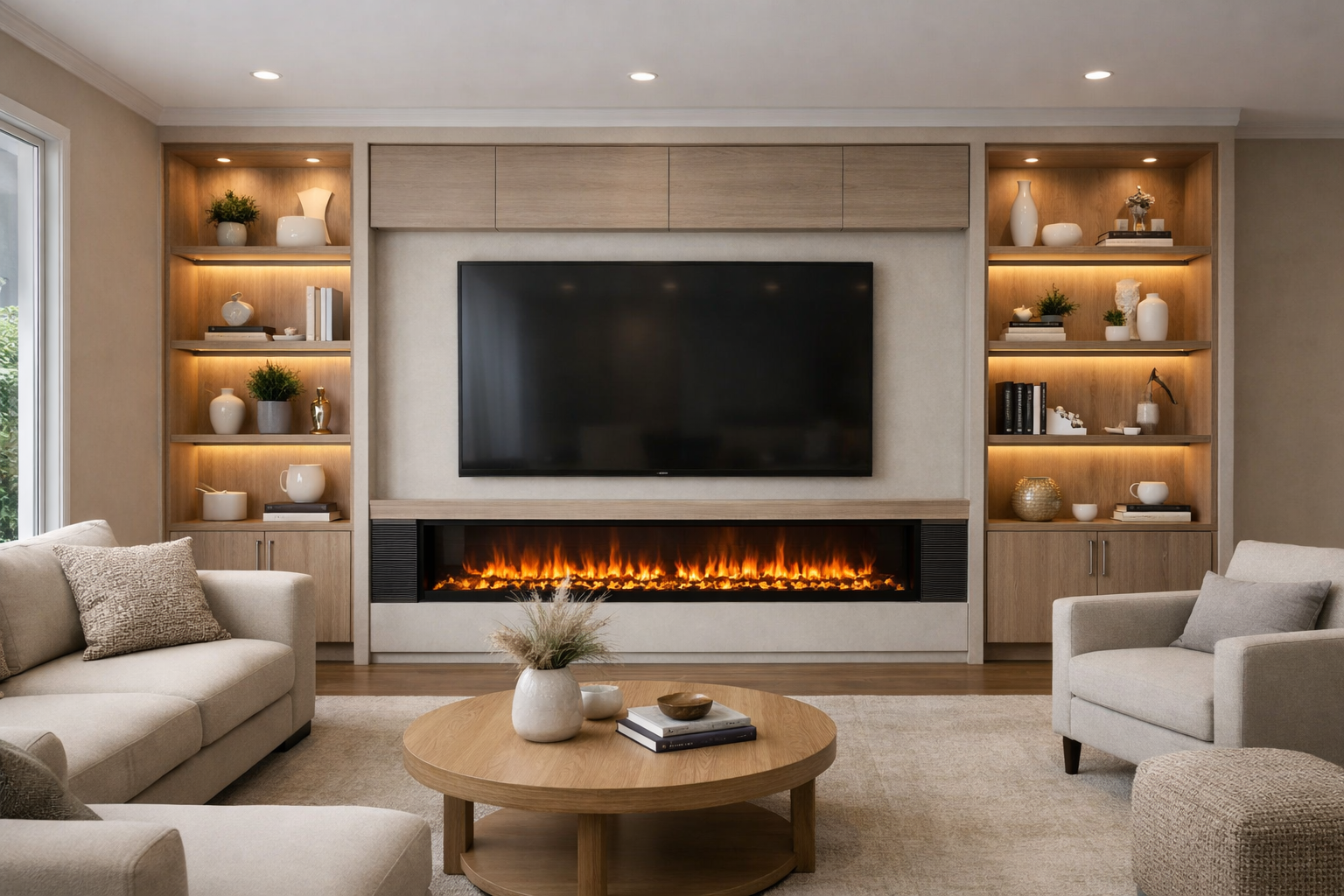 Custom built-in cabinets with media wall and fireplace in living room.