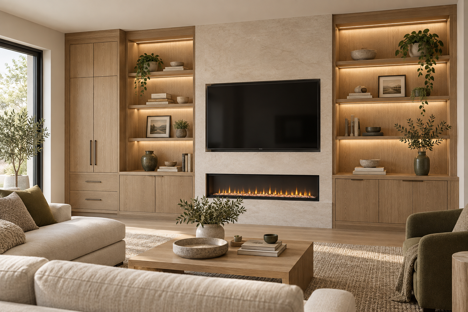 Living room with built-in wooden shelves, a black flat-screen TV, and a modern fireplace set in a beige wall. The room has beige and green sofas, a wooden coffee table with decorative bowls and books, and a sliding glass door with outdoor greenery visible.