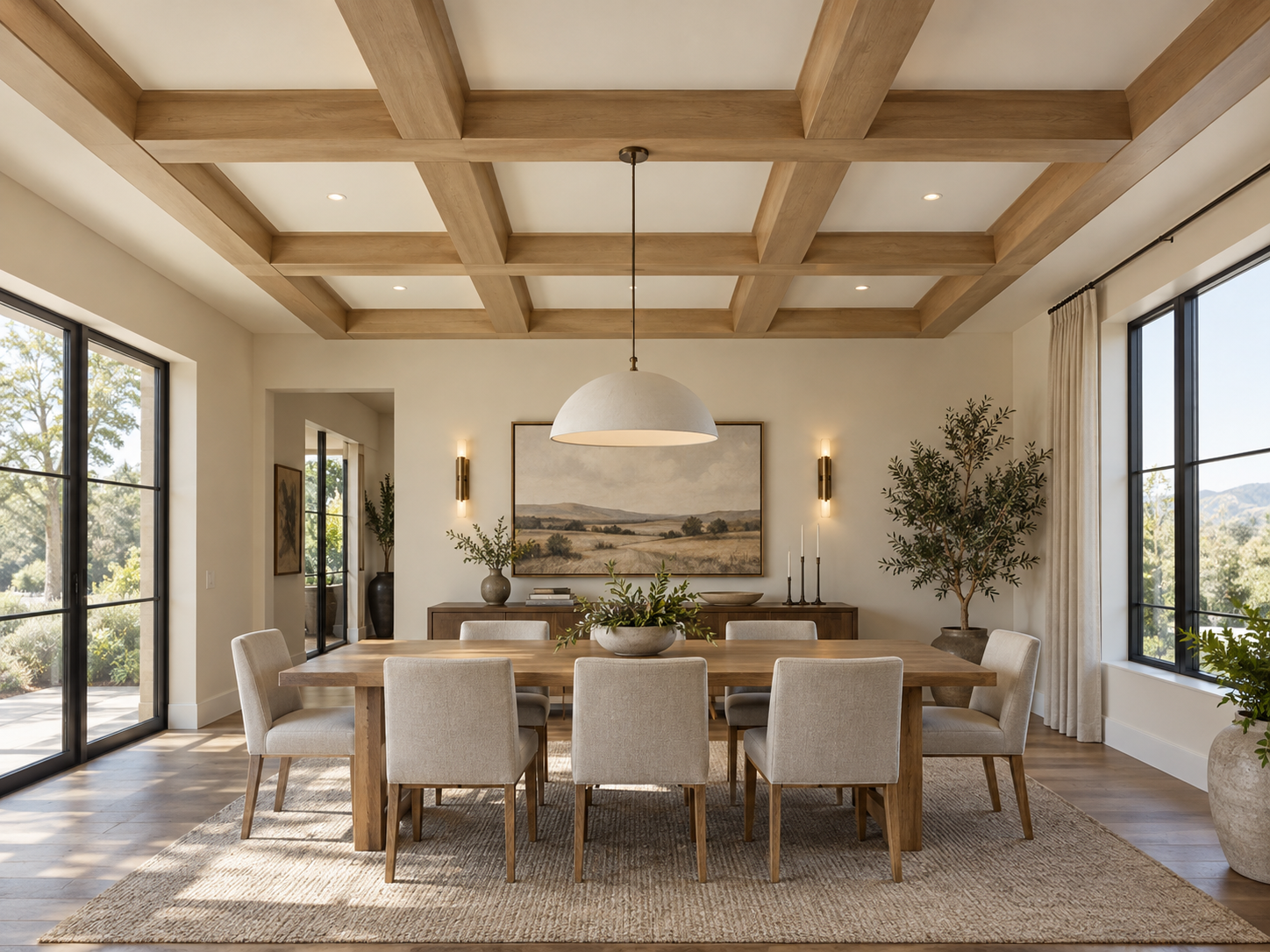 Modern dining room with wooden beams on the ceiling, a large wooden dining table, beige upholstered chairs, large windows with drapes, a landscape painting on the wall, and potted plants.