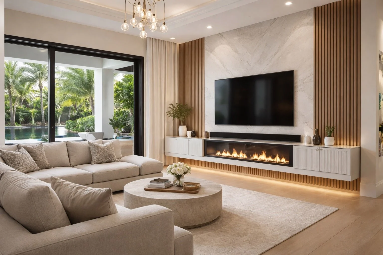Custom accent wall with fireplace and wood slats in Florida living room