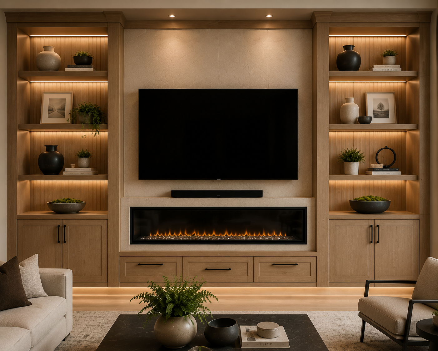 Custom entertainment center with concealed storage, built-in shelving, electric fireplace, and integrated TV in a Texas living room