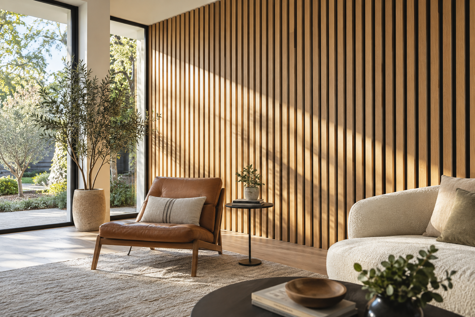 Vertical white oak slat accent wall with a leather lounge chair and curved cream sofa.